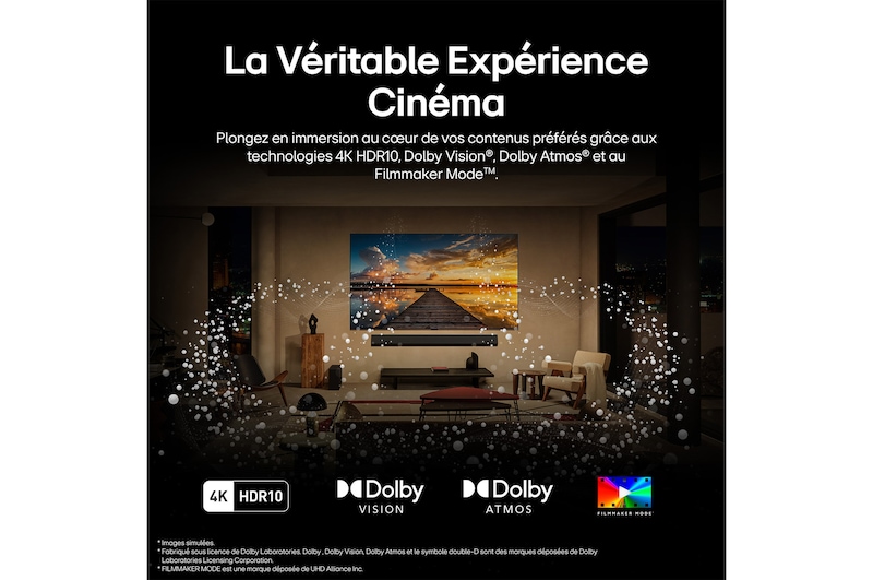 Trois icônes représentant les 3 avantages gratuits de la TV LG Véritablement sans fil. Position libre, sans encombrement, sans tracas. Le texte parle de se libérer des limites de la TV filaire et de profiter d’une installation sans effort et d’un open space impeccable.