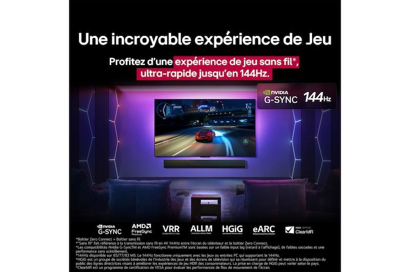 Le processeur alpha 11 AI de 2ème génération sur un fond sombre. Il brille de l’intérieur d’une lumière violette et bleue, illuminant les circuits de micropuce qui l’entourent. Le titre parle de la façon dont le processeur dédié à la LG OLED evo offre une qualité 4K, des couleurs et une luminosité époustouflantes avec une précision au niveau pixel. Les statistiques de performance sont visibles. Traitement neuronal NPU par IA 6,7 fois plus important. Fonctionnement 2,2 fois plus rapide, CPU. Graphiques 3,6 fois améliorés, GPU.