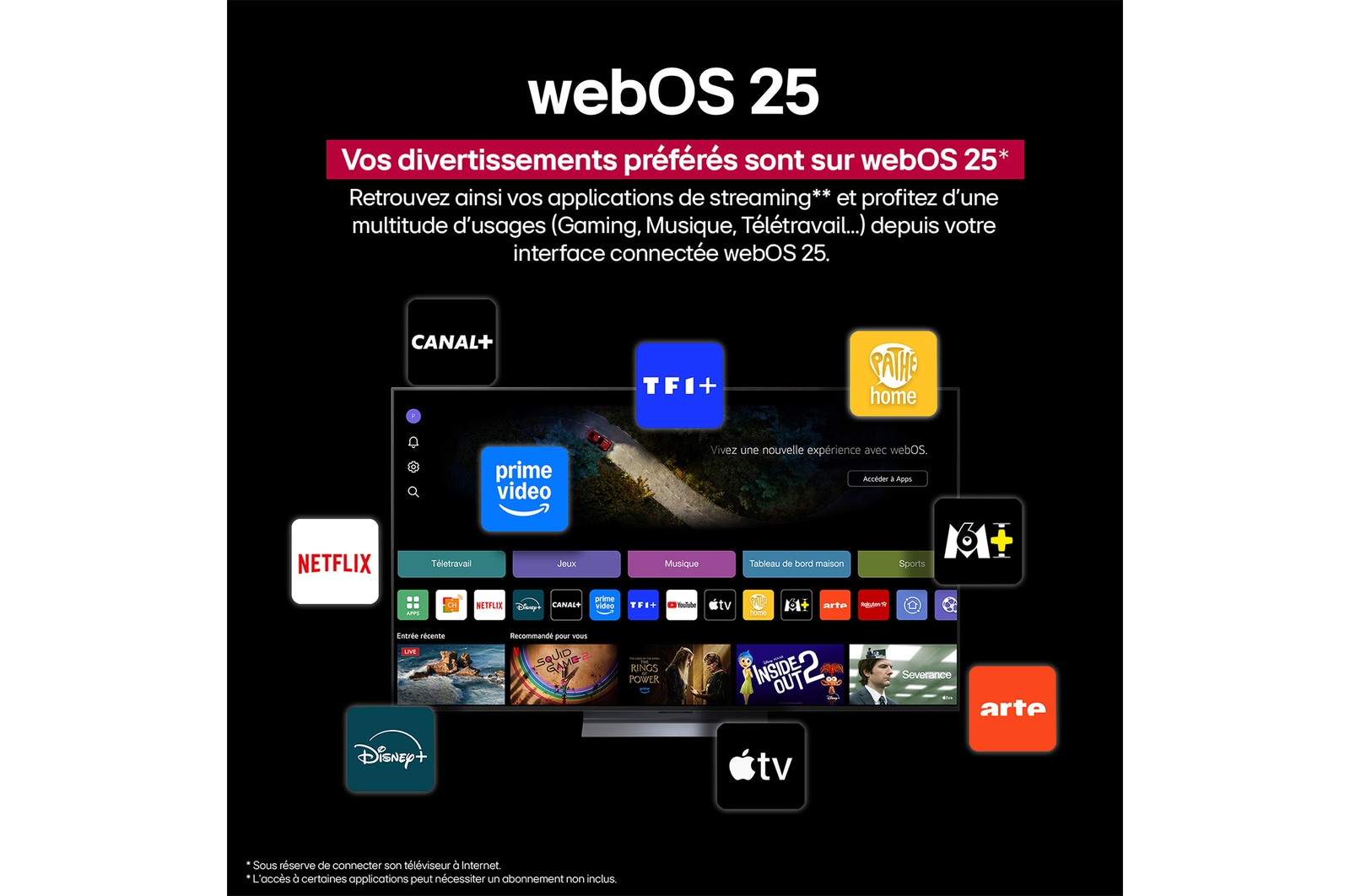 LG OLED TV montrant une comparaison visuelle entre un écran avec Couleur et Noir parfaits et un écran sans. Les certifications UL et eyesafe sont visibles avec un texte invitant à vérifier les marques.