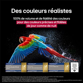 LG OLED TV montrant une comparaison visuelle entre un écran avec Couleur et Noir parfaits et un écran sans. Les certifications UL et eyesafe sont visibles avec un texte invitant à vérifier les marques.
