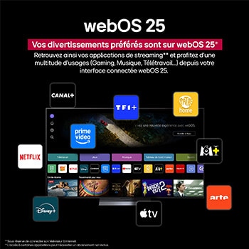 LG OLED TV montrant une comparaison visuelle entre un écran avec Couleur et Noir parfaits et un écran sans. Les certifications UL et eyesafe sont visibles avec un texte invitant à vérifier les marques.