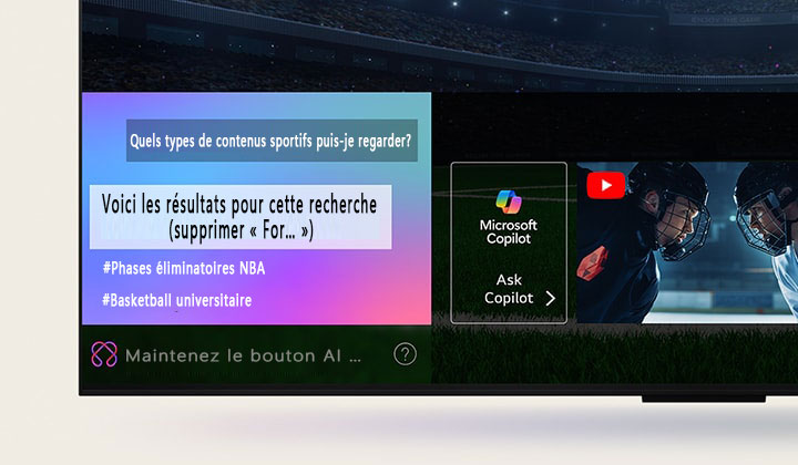 Écran de LG TV montrant le fonctionnement de la recherche par IA. Une petite fenêtre de chat est ouverte, montrant comment l’utilisateur a demandé les jeux de sport disponibles. La recherche par IA a répondu par chat et en montrant des vignettes des différents contenus disponibles. On voit aussi une invite à faire une demande à Microsoft Copilot.