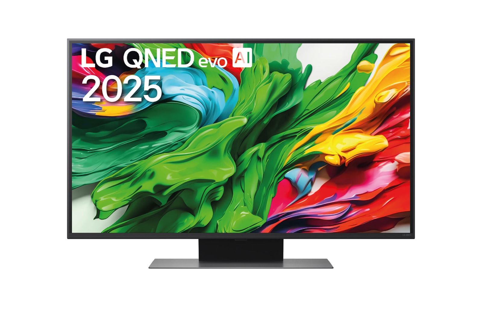 Vue avant de la TV LG QNED evo, logo LG QNED evo Al, dans le coin supérieur. La TV LG QNED evo représente des textures colorées semblables à de la peinture, réunies.