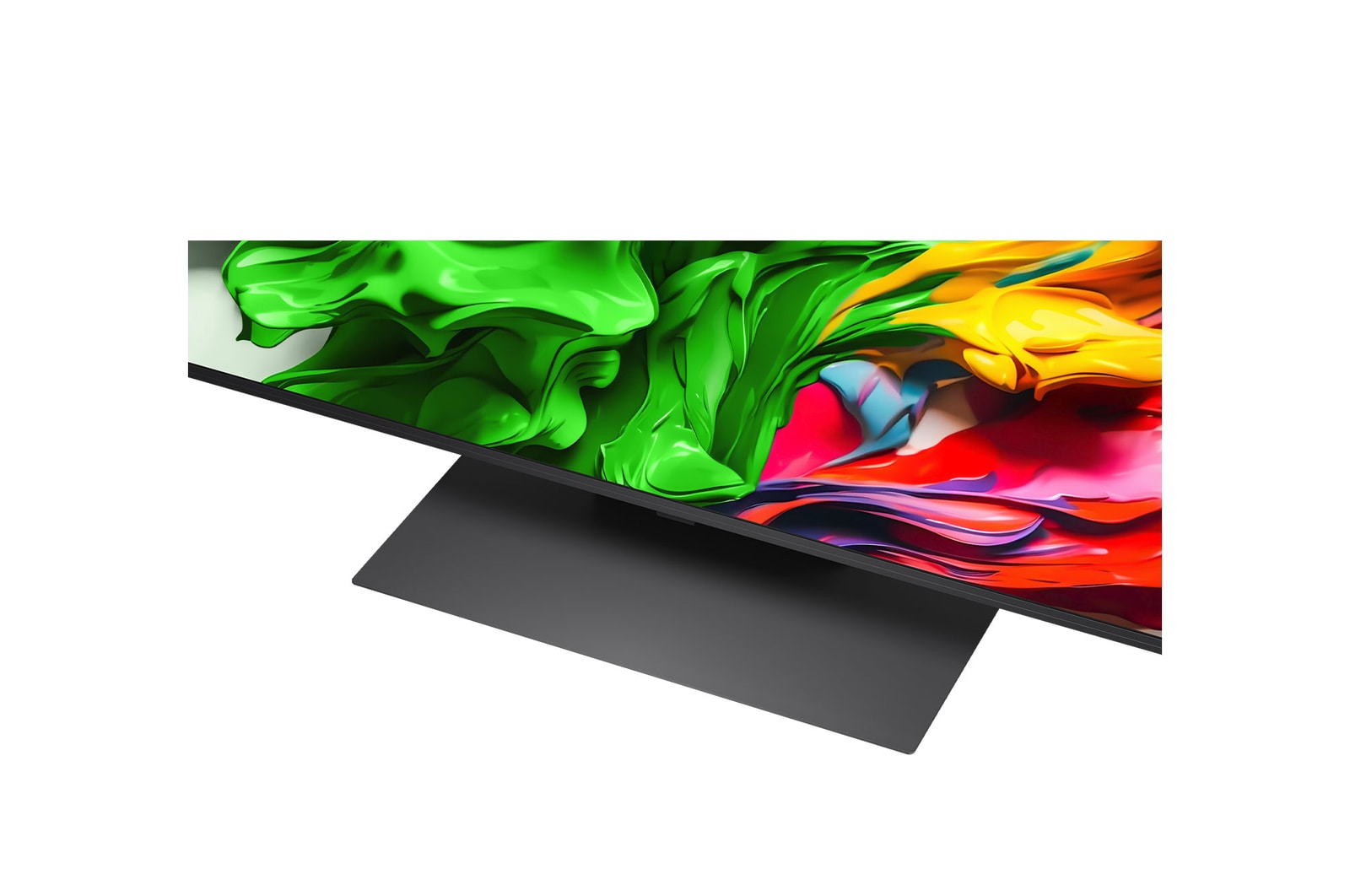 Vue avant et latérale de la Smart TV LG QNED evo AI 4K montrant ses dimensions de longueur, largeur, hauteur et profondeur.