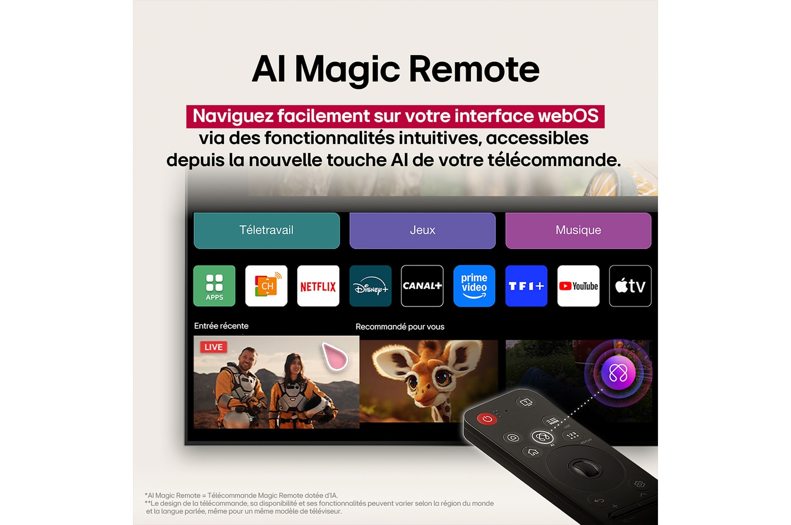 Une fille et un chien sont assis devant une LG QNED TV installée sur un mur représentant trois éléphants marchant vers l’extérieur au-dessus d’une LG Soundbar. Le titre évoque la façon dont chaque scène d’action est plus palpitante sur un très grand écran.