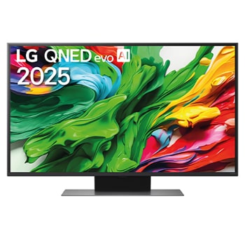 Vue avant de la TV LG QNED evo, logo LG QNED evo Al, dans le coin supérieur. La TV LG QNED evo représente des textures colorées semblables à de la peinture, réunies.