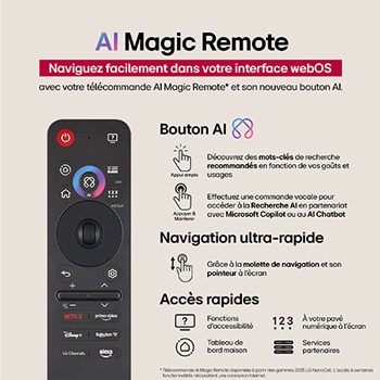 Sur un écran de LG QNED TV se trouve la page d’accueil webOS 25 remplie d’applications et de contenu de divertissement. La TV est équipée de la télécommande AI Magic Remote LG, le bouton IA est mis en évidence comme s’il était activé par la voix de l’utilisateur. Une bulle de texte se trouve à côté, passant à mon compte. Le texte court explique comment les utilisateurs peuvent désormais synchroniser leur voix à leur profil personnel pour profiter d’une navigation plus facile et de recommandations personnalisées.
