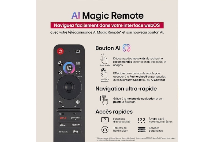 Télécommande AI Magic Remote LG au premier plan. L’icône du bouton AI est mise en évidence. En arrière-plan, se trouve l’interface utilisateur webOS de LG. Le curseur de la souris indique que la télécommande est utilisée. Le texte explique comment les fonctions et contrôles de la télécommande facilitent la navigation sur webOS. 