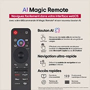 Télécommande AI Magic Remote LG au premier plan. L’icône du bouton AI est mise en évidence. En arrière-plan, se trouve l’interface utilisateur webOS de LG. Le curseur de la souris indique que la télécommande est utilisée. Le texte explique comment les fonctions et contrôles de la télécommande facilitent la navigation sur webOS. 