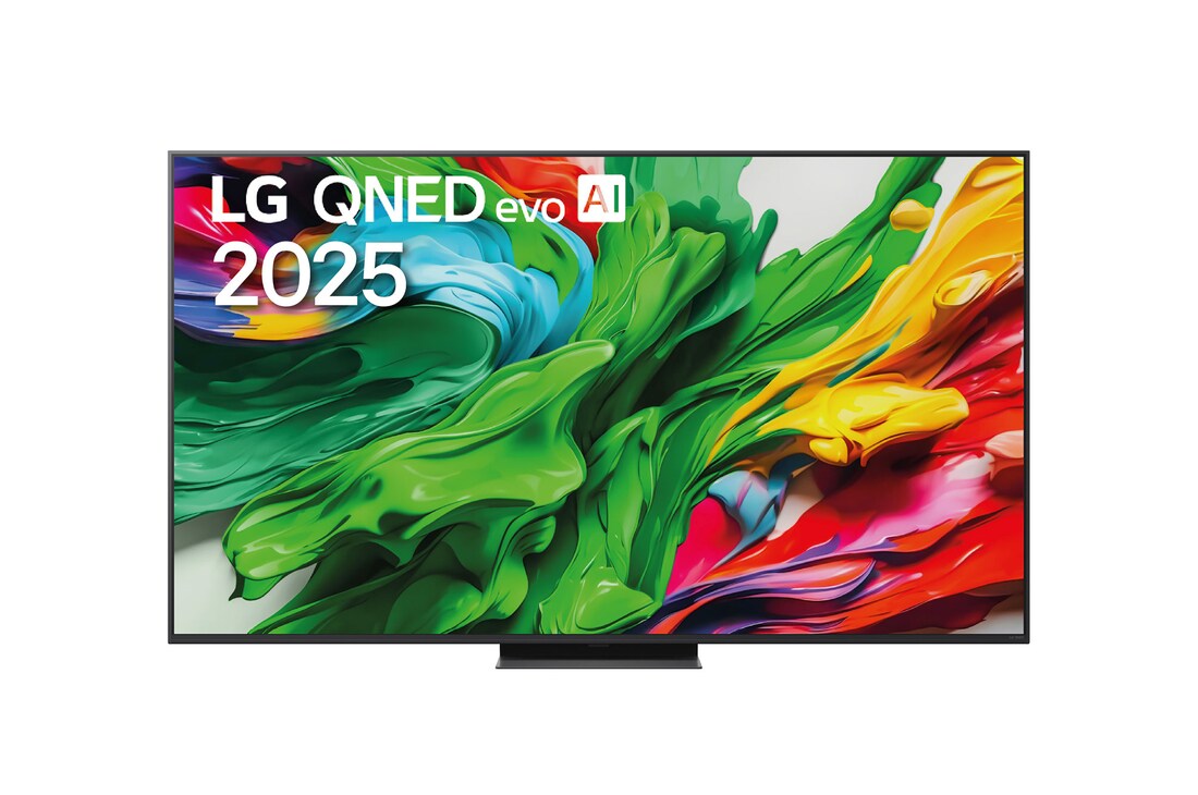 Vue avant de la TV LG QNED evo, logo LG QNED evo Al, dans le coin supérieur. La TV LG QNED evo représente des textures colorées semblables à de la peinture, réunies.