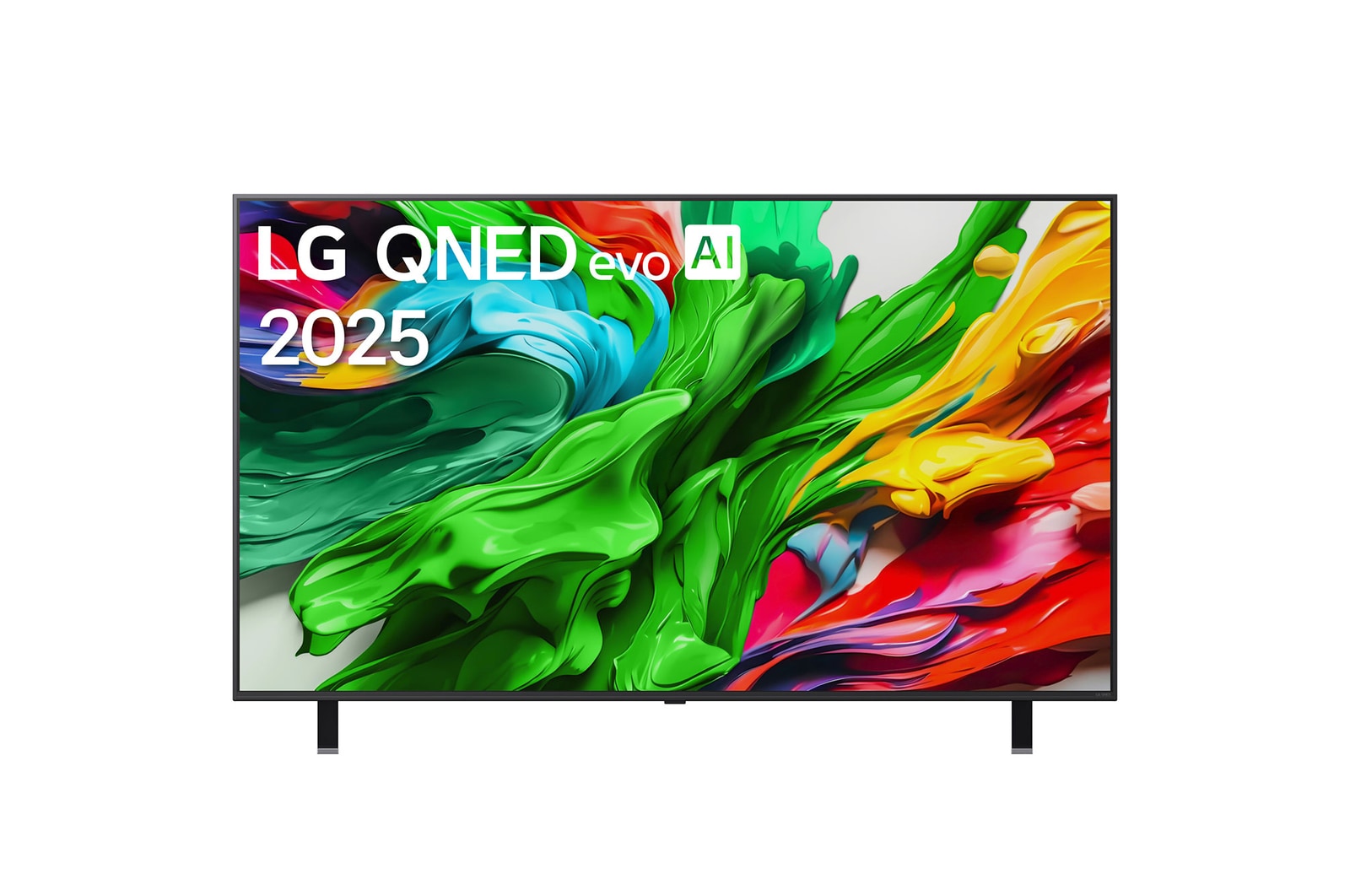Front view of LG QNED evo TV, LG QNED evo AI Logo on the top left corner of the TV. LG QNED evo TV depicts colorful paintlike textures coming together in green, red, yellow, blue and purple.