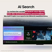 Close-up of the LG AI Magic Remote glowing with four icons emerging from it. AI Button, Easy Guide, Home Hub, and Quick Access. The short text describes how the new remote allows users to navigate their TV easily. 