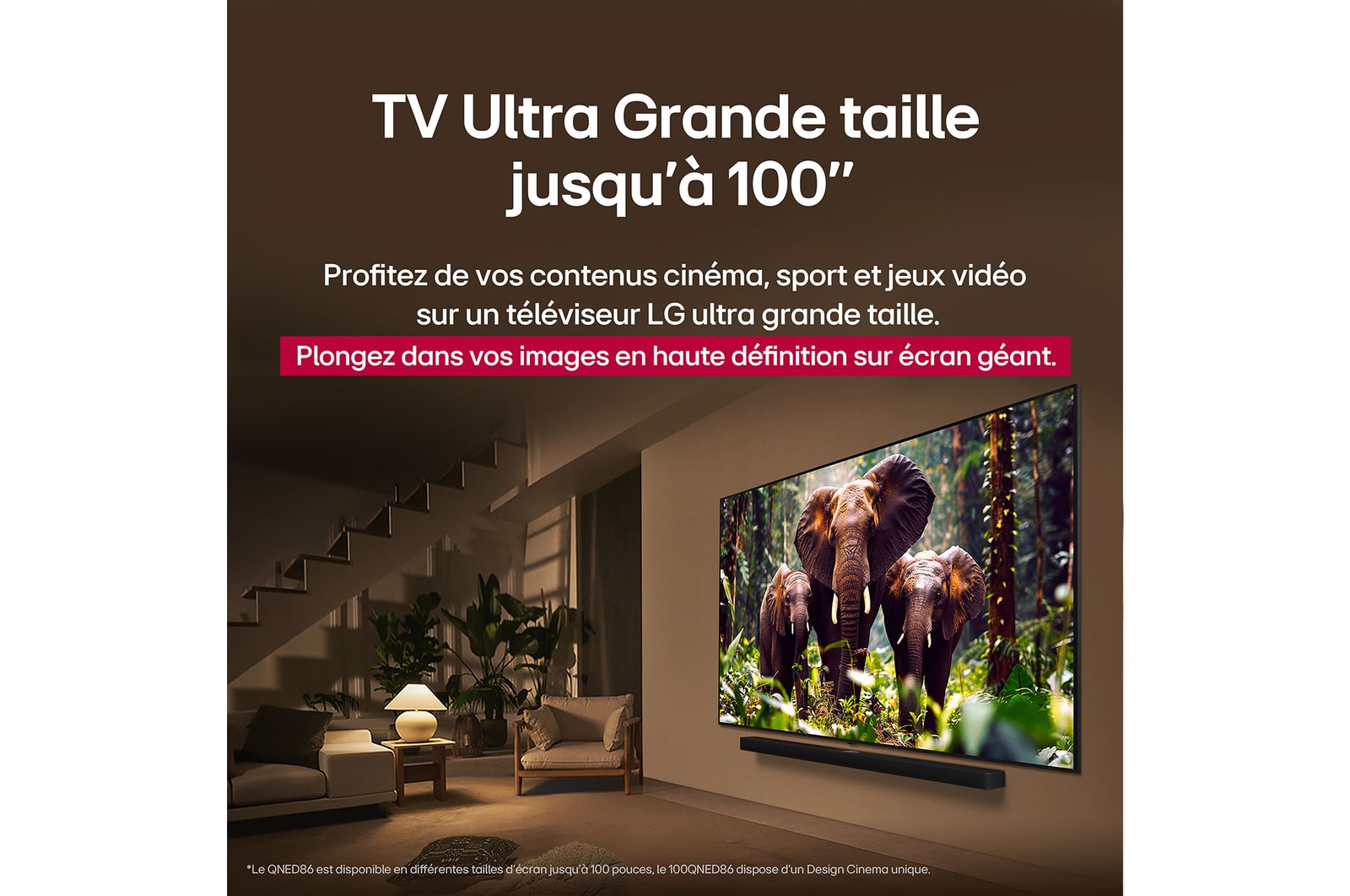 A girl and a dog are seated in front of a LG QNED TV mounted on a wall depicting three elephants walking outwards above a LG Soundbar. The short text describes how every action is more thrilling on a massive screen. 