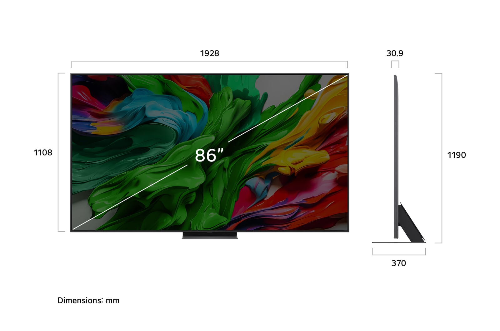 Vue avant et latérale de la Smart TV LG QNED evo AI 4K montrant ses dimensions de longueur, largeur, hauteur et profondeur.