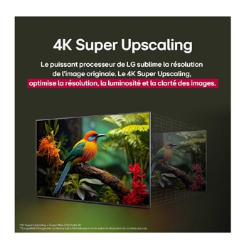 Le processeur alpha 8 AI de 2ème génération s’illumine en violet et rose et des éclairs de couleur fusent de celui-ci. Le titre évoque la façon dont le processeur offre une qualité 4K, des couleurs et une luminosité époustouflantes. Le texte de l’image affiche environ 1,7 fois le traitement neuronal par IA NPU et 1,4 fois le fonctionnement plus rapide du processeur.