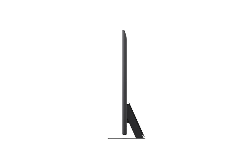 Front view and side view of LG QNED evo AI 4K Smart TV showing its length, width, height, and depth dimensions.