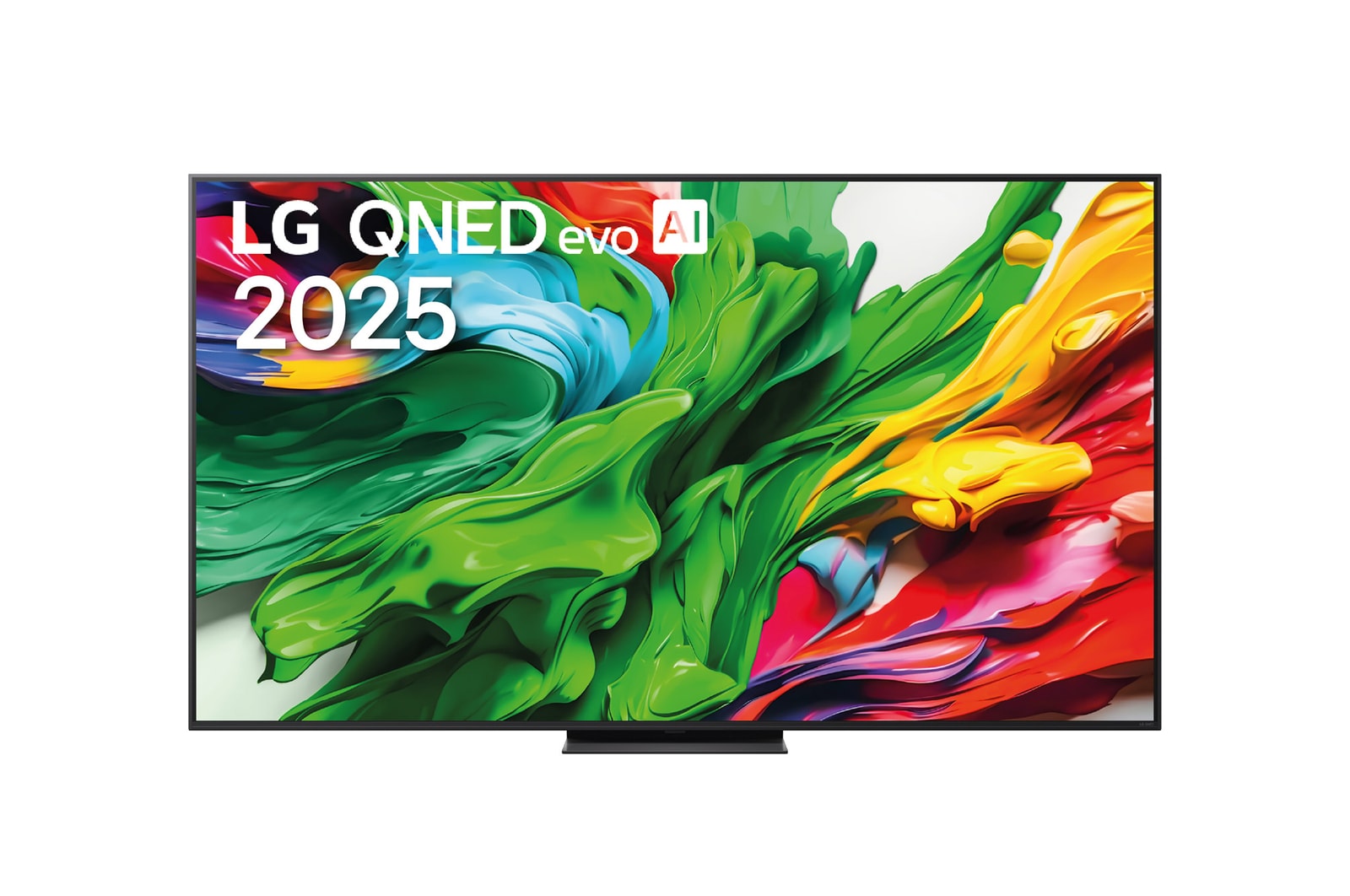 Front view of LG QNED evo TV, LG QNED evo AI Logo on the top left corner of the TV. LG QNED evo TV depicts colorful paintlike textures coming together in green, red, yellow, blue and purple.