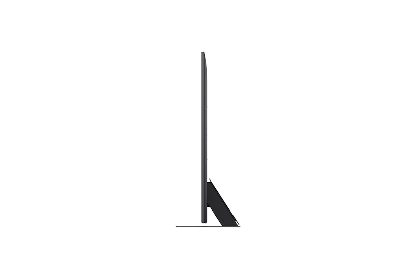 Front view and side view of LG QNED evo AI 4K Smart TV showing its length, width, height, and depth dimensions.