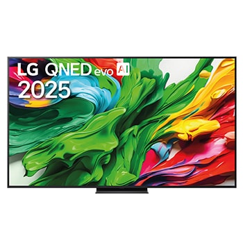 Front view of LG QNED evo TV, LG QNED evo AI Logo on the top left corner of the TV. LG QNED evo TV depicts colorful paintlike textures coming together in green, red, yellow, blue and purple.