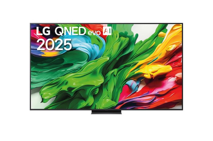 Front view of LG QNED evo TV, LG QNED evo AI Logo on the top left corner of the TV. LG QNED evo TV depicts colorful paintlike textures coming together in green, red, yellow, blue and purple.