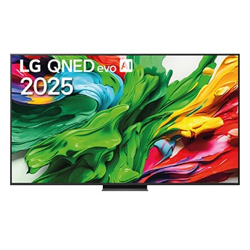 Front view of LG QNED evo TV, LG QNED evo AI Logo on the top left corner of the TV. LG QNED evo TV depicts colorful paintlike textures coming together in green, red, yellow, blue and purple.