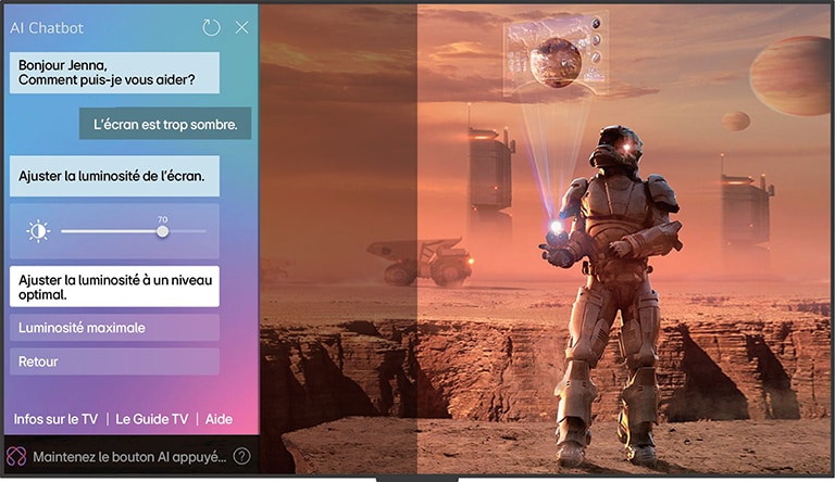 Le contenu de science-fiction est diffusé sur un écran de LG OLED TV. Sur l’écran se trouve l’interface AI Chatbot. L’utilisateur a envoyé un message au Chatbot indiquant que l’écran est trop sombre. Le Chatbot a proposé des solutions à la demande. Toute la scène est également divisée en deux. Un côté est plus sombre, l’autre est plus lumineux, montrant comment AI Chatbot a résolu le problème pour l’utilisateur automatiquement.