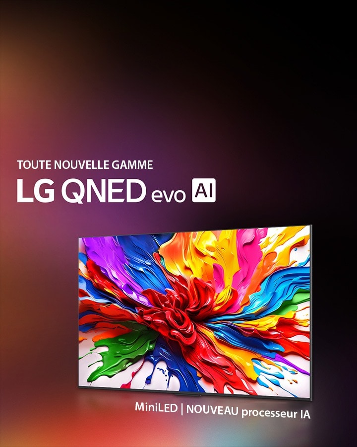 LG QNED TV sur un fond sombre et coloré. À l’écran se trouve une œuvre d’art lumineuse et colorée qui présente la technologie de couleurs QNED et la capacité d’afficher un large spectre de couleurs avec un contraste important. Le logo Toute nouvelle LG QNED evo AI est présent. Avec des sous-titres évoquant la MiniLED de QNED et le nouveau processeur IA alpha. Le titre dit : Chaque couleur est redéfinie, pour une nouvelle expérience.