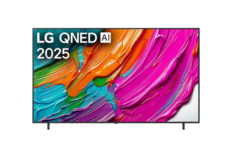 Vue avant de la LG QNED80 TV, logo LG QNED Al, dans le coin supérieur. La LG QNED TV représente des textures colorées semblables à de la peinture, réunies.