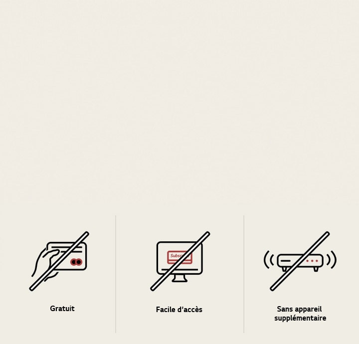 Trois icônes différentes qui montrent comment LG Channels peut être utilisé simplement sans avoir besoin de s’abonner, de payer ou de configurer un décodeur périphérique.