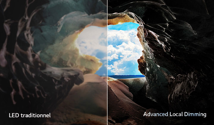 Vue de l’intérieur d’une grotte avec une vue vers son entrée donnant sur un ciel bleu et l’horizon. L’ensemble de la scène est divisé en deux pour montrer la capacité de la gradation locale avancée de la QNED. D’un côté, les couleurs et les détails sont délavés et les visuels semblent troubles. L’étiquette indique : « LED traditionnel ». L’autre côté offre des noirs exceptionnels, un contraste, une luminosité et des couleurs améliorés. L’étiquette indique Advanced Local Dimming.