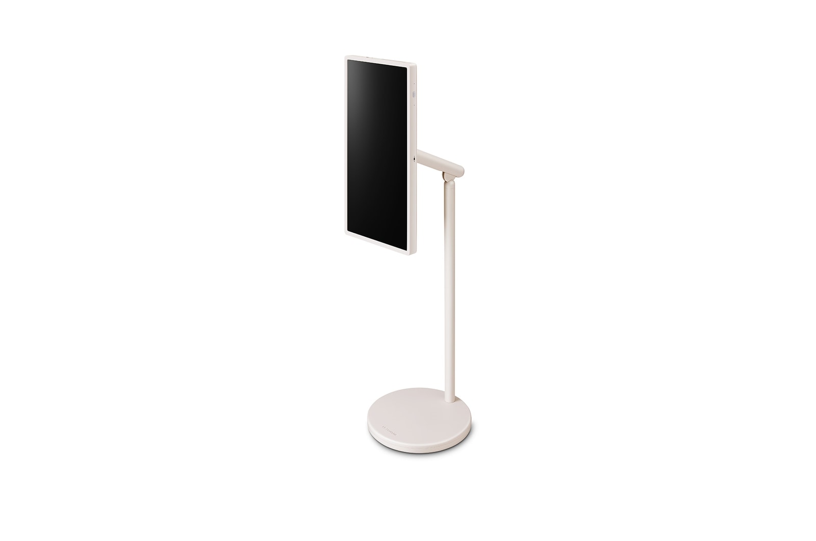 Vue arrière du LG StanbyME 2 sur le support. L’écran est incliné pour montrer son orientation flexible. 