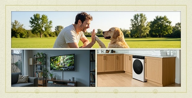 Un homme passant du temps avec son chien dans un salon chaleureux équipé d’un téléviseur LG et d’un lave-linge encastré