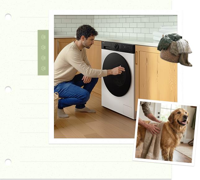 Un homme charge du linge dans une machine à laver pendant qu’un golden retriever se tient à proximité dans un intérieur chaleureux