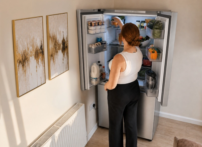Une mère se tient devant un réfrigérateur ouvert dans une cuisine moderne, en rangeant des aliments et des provisions à l’intérieur.