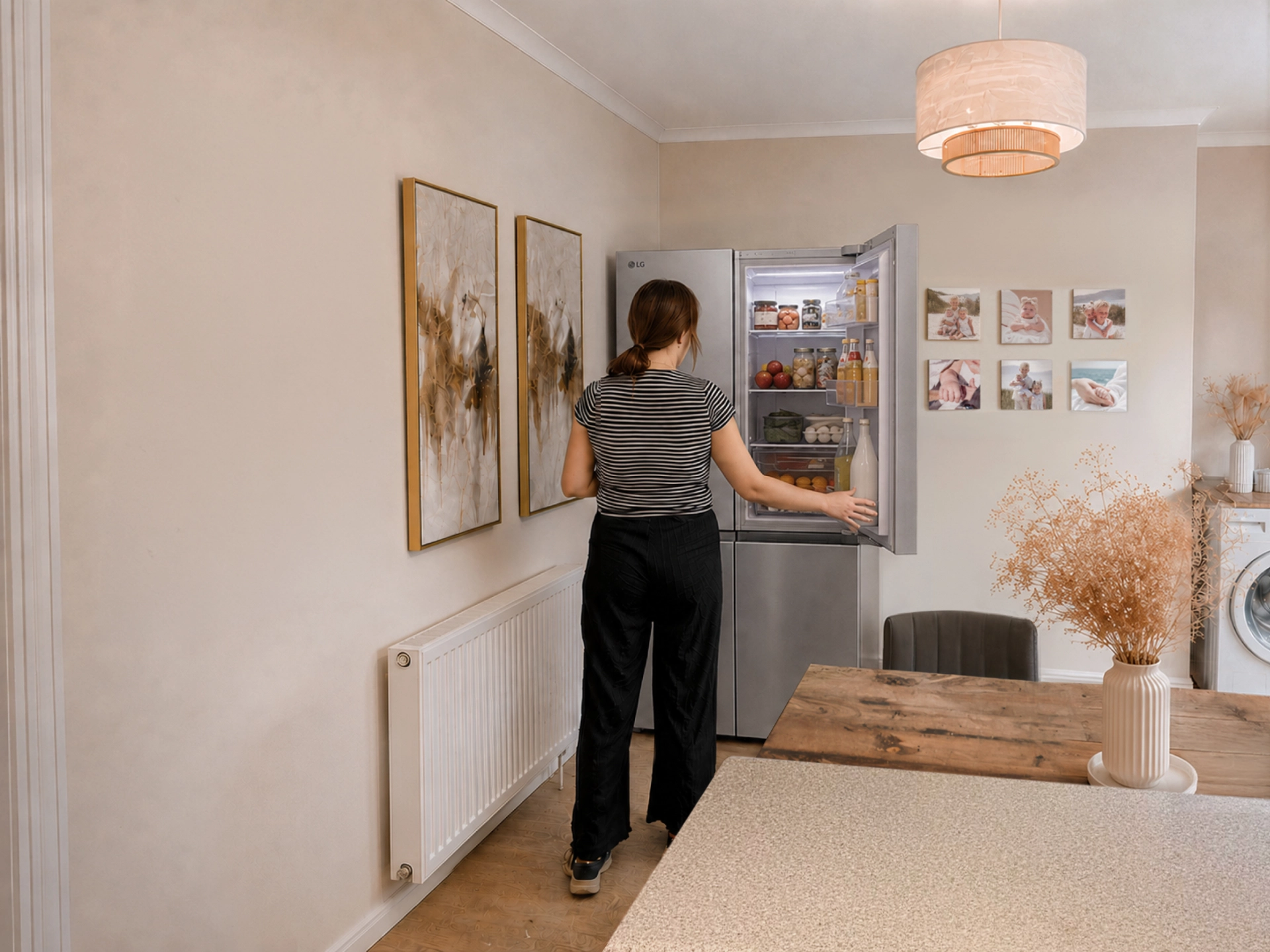 Une mère ouvre un grand réfrigérateur dans une cuisine et une salle à manger lumineuses, avec des aliments frais et des provisions visibles à l’intérieur.