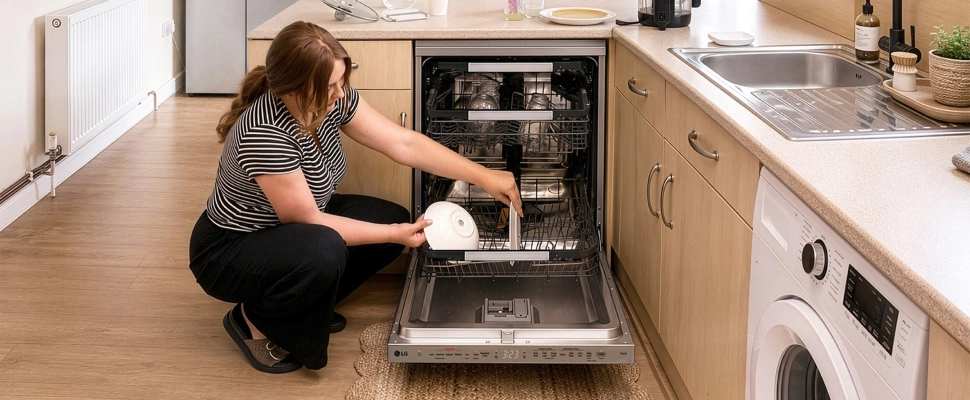 Une femme s'accroupit dans la cuisine pour placer une assiette blanche dans un lave-vaisselle LG ouvert.