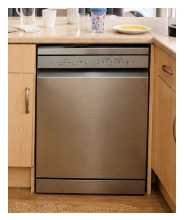 Un lave-vaisselle LG en acier inoxydable installé sous un plan de travail de cuisine.