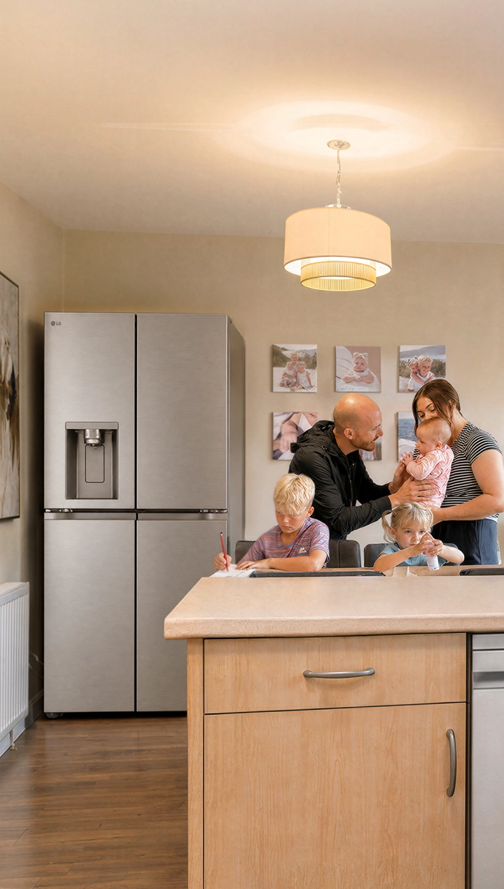 Une famille avec trois enfants se réunit dans une cuisine moderne et chaleureuse, où les parents s’occupent des enfants autour d’un grand îlot central. Un réfrigérateur, un lave-vaisselle, un four et des meubles de cuisine sont visibles à l’arrière-plan.