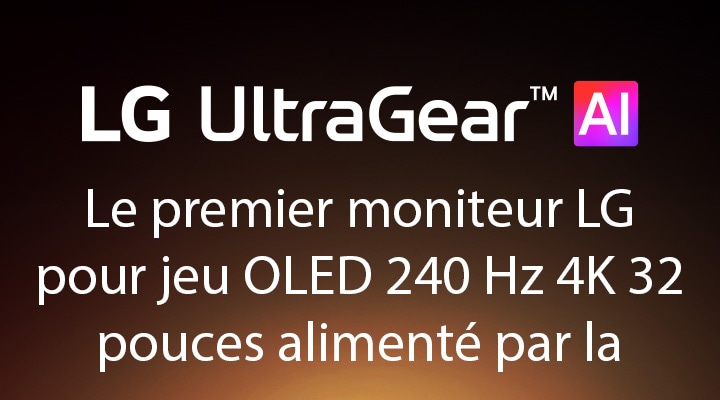 Logo UltraGear™ AI dans une pièce futuriste, éclairée par des néons.