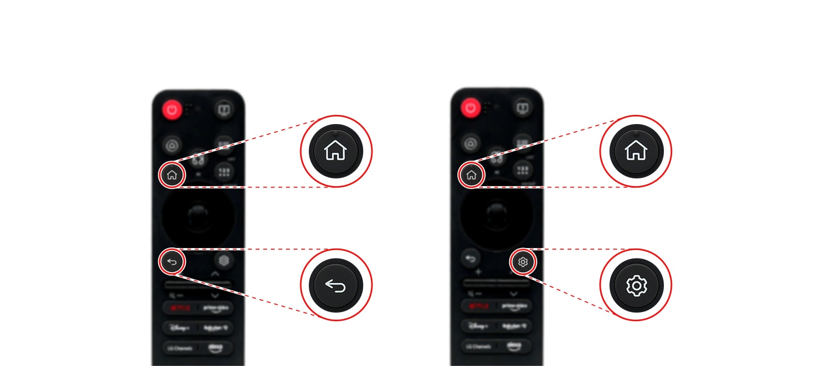 Appuyez sur le bouton Back et le bouton Home en même temps pendant cinq secondes, pour désappairer la Télécommande Magic de votre TV Appuyez et maintenez le bouton Home et le bouton Settings pendant plus de 5 secondes pour déconnecter et enregistrer à nouveau la Télécommande Magic en même temps