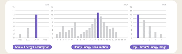 Consommation électrique annuelle, Consommation électrique horaire, Consommation électrique des 5 principaux groupes