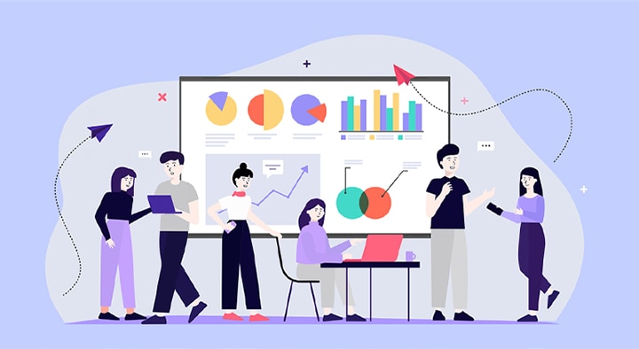 Plusieurs utilisateurs collaborant avec le LG CreateBoard Lab sur leurs appareils dans une scène partagée.