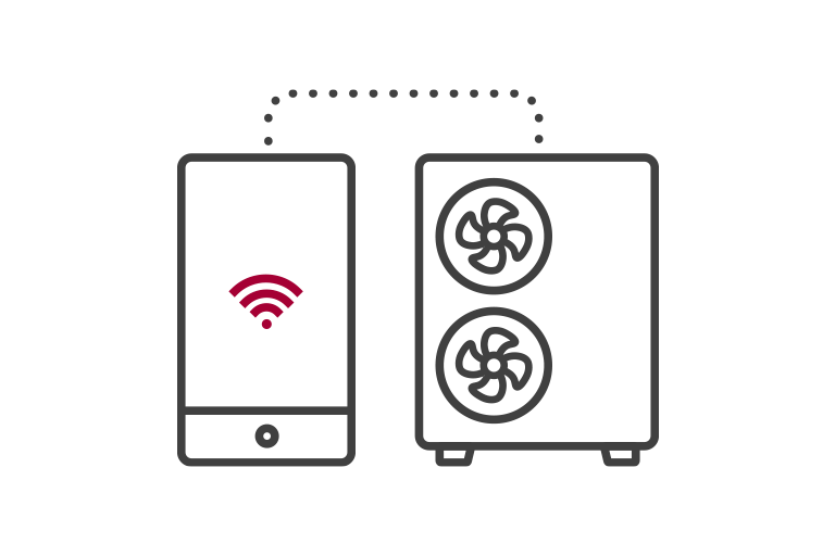 Un smartphone affiche le signal de WiFi est posé sur la gauche, connecté à une pompe à chaleur Air / Eau LG Hydrosplit sur la droite, via une ligne de pointillés.