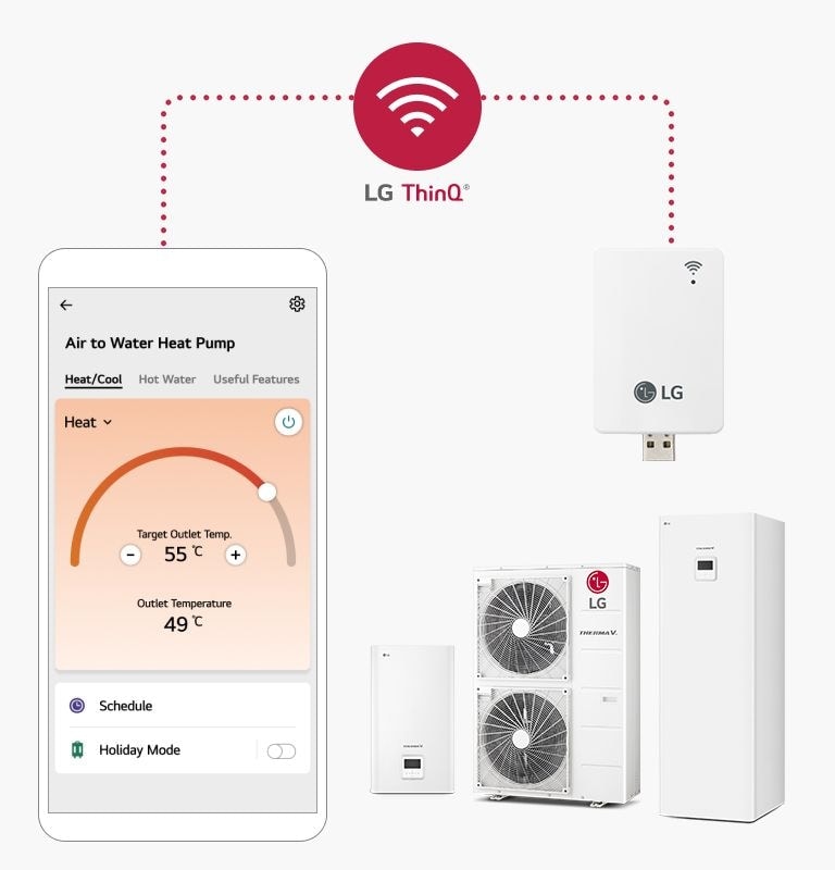 Un smartphone affiche le signal de WiFi est posé sur la gauche, connecté à une pompe à chaleur Air / Eau LG Hydrosplit sur la droite, via une ligne de pointillés.