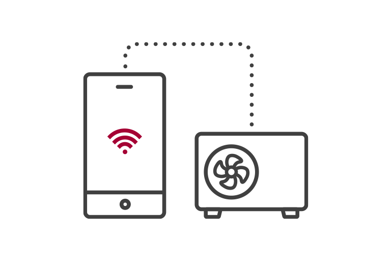 Un smartphone affiche le signal de WiFi est posé sur la gauche, connecté à une unité extérieure de pompe à chaleur Air / Eau LG monobloc sur la droite, via une ligne de pointillés.