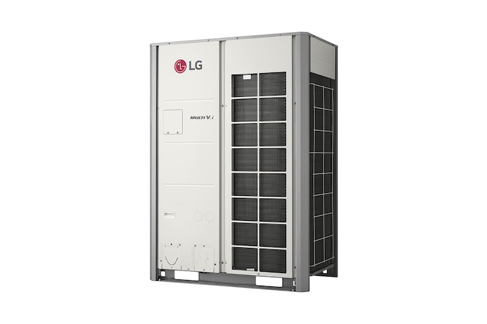 L’unité extérieure LG MULTI V i ZRUM160LTE6, 10HP. Des conduits de forme carrée 2 x 1 sur les côtés droits de la face avant ainsi que sur chaque côté de l’unité.
