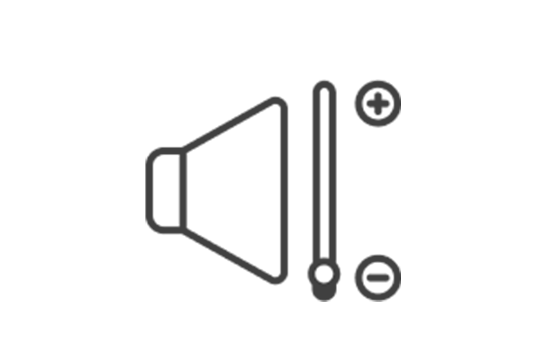Une enceinte blanche avec une ligne de réglage du volume sur la droite, avec un signe + en haut et un signe - en bas. Le bouton de réglage est en bas, indiquant un faible volume sonore.