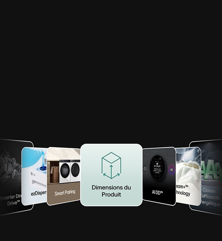 LG laundry appliance feature cards arranged in 3D on a black background, displaying Inverter Drive, ezDisper, Smart Pairing, Product Dimensions, AI DD, and Energy Efficiency Class.