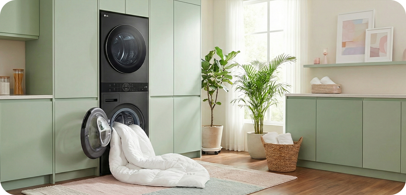 A black washtower is placed between shelving units, with towels and household items neatly arranged on the shelves.