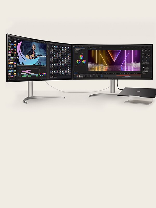 Configuration de moniteur LG reliant un portable à deux écrans, illustrant le multitâche par Daisy Chain.